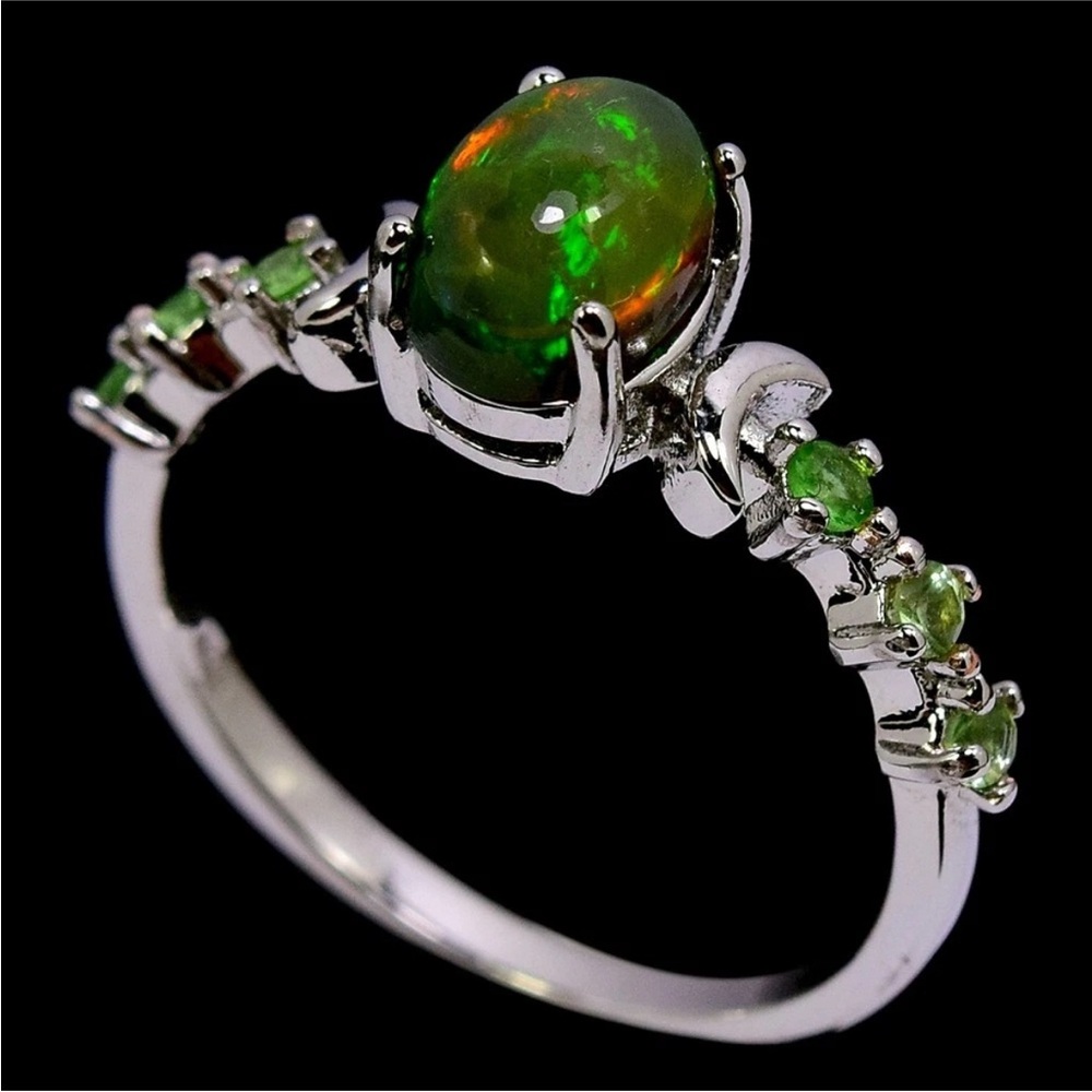 Sold!!  925 Sterling Silver Sz 8.25 Rainbow Black Opal and Tsavorite Garnet Ring
